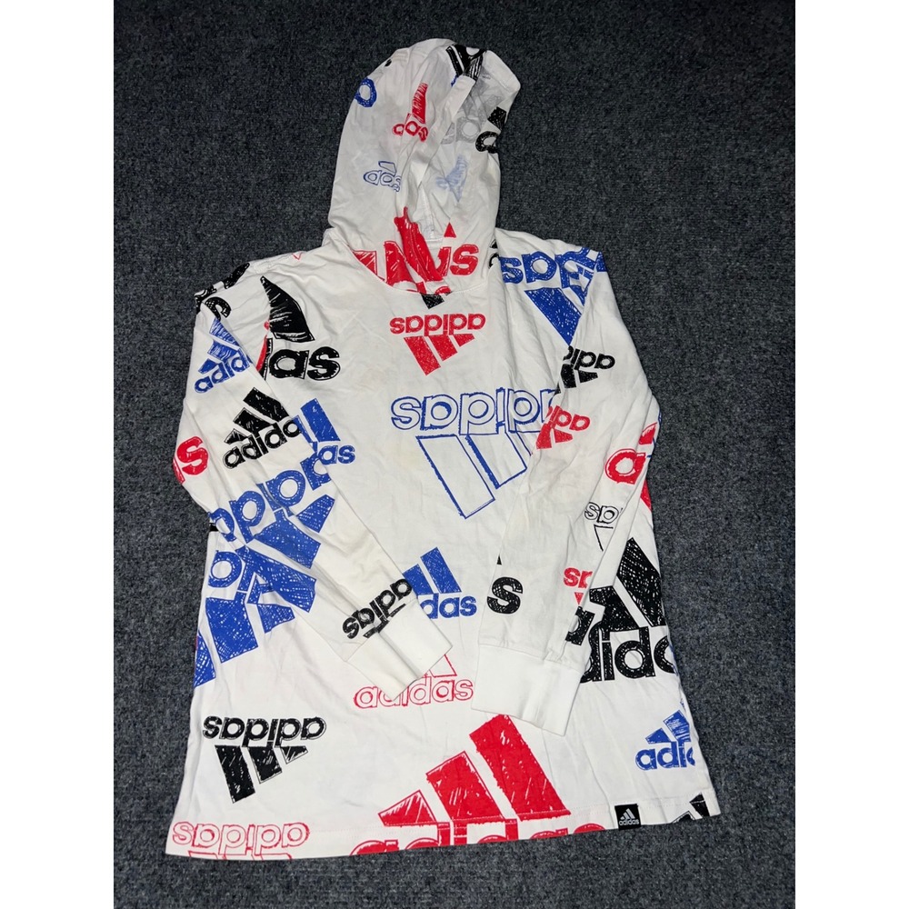 Adidas Kids Medium 10/12 Hooded Long Sleeve Shirt White Red Blue Logo Print